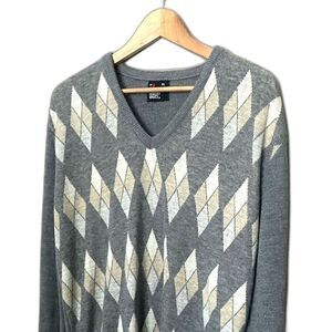 ROBERT BRUCE vintage v-neck argyle sweater 80s gray preppy streetwear XL EUC